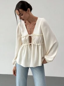 Aloruh Romantic Date V-Neck Tie-Up Ruched Flare Sleeve Loose Blouse For Women,Long Sleeve Tops