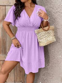 Celure Đầm thường ngày cổ chữ V xếp nếp màu trơn cỡ lớn cho kỳ nghỉ hè dành cho nữ - Màu tím hoa cà - Xem 5