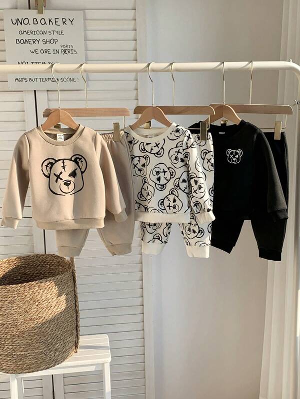 SHEIN 3pcs/Set Baby/Toddler Boy/Girl Fleece Lined Sweatshirts, Cute Bear Pattern Crew Neck Long Sleeve Knit Tops, Comfortable Casual Versatile Outfit Set, Suitable For Indoor, Outdoor, Daily Wear, Sports, Play, Party, Photo Shoot, Back To School, Streetwear, Tracksuit, Halloween, Spring/Summer/Autumn/Winter Fall