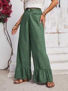 EMERY ROSE Vacation Casual Ruffled Wide-Leg Jeans,Christmas Holiday Green Pants Baggy Jeans - Green - View 5