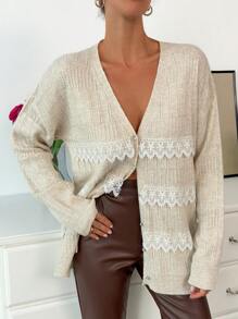 SHEIN Cottnline Knitwear Elegant Cardigan With Laces And Fancy Buttons - Beige - View 5