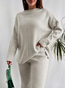 EURMUSE Drop Shoulder Sweater & Knit Pants - Beige - View 3