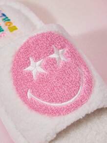 SmileyWorld® | SHEIN Cartoon Face And Letter Pattern Open Toe Plush Slippers For Women Fall