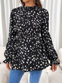 SHEIN Maternity All-Over Print Ruffle Trim Collar Long Sleeve Blouse - Black - View 1