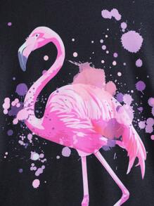 2pcs Tween Girl Flame Flamingo Print Glow In Dark Long Sleeve T-Shirt And Legging Pajama Set - Black - View 7