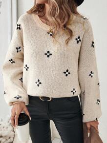 Chiquease 女式花卉图案宽松圆领蝙蝠袖长袖休闲针织毛衣，秋冬