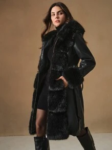 Anewsta New Autumn/Winter Fluffy & Fox Fur Patchwork Women Mid-Length Fur Coats, Simple & Fashionable - Black - View 6