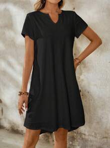 EMERY ROSE V-Neck Solid Color Textured Fabric Women's Casual Daily Outings Curved Hem Summer Dress