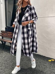 SHEIN LUNE Chaqueta larga de manga larga con puño para mujeres, a cuadros blanco y negro de 2024