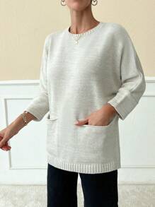 EURMUSE Women Solid Color Drop Shoulder Half Sleeve Round Neck Pocket Detailed Pullover - Camel - View 4