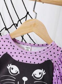 2pcs Halloween Baby Girls Cute Cat Mesh A-Line Dress And Polka Dot Leggings Set For Party And Casual Wear - Black - View 3