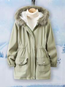 Parka Hooded Padded Cinched Waist Mid-Length Jacket For Girls - Multicolor - View 1