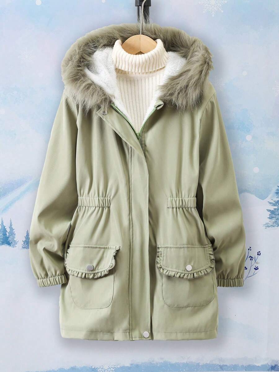 Parka Hooded Padded Cinched Waist Mid-Length Jacket For Girls - Multicolor - View 1