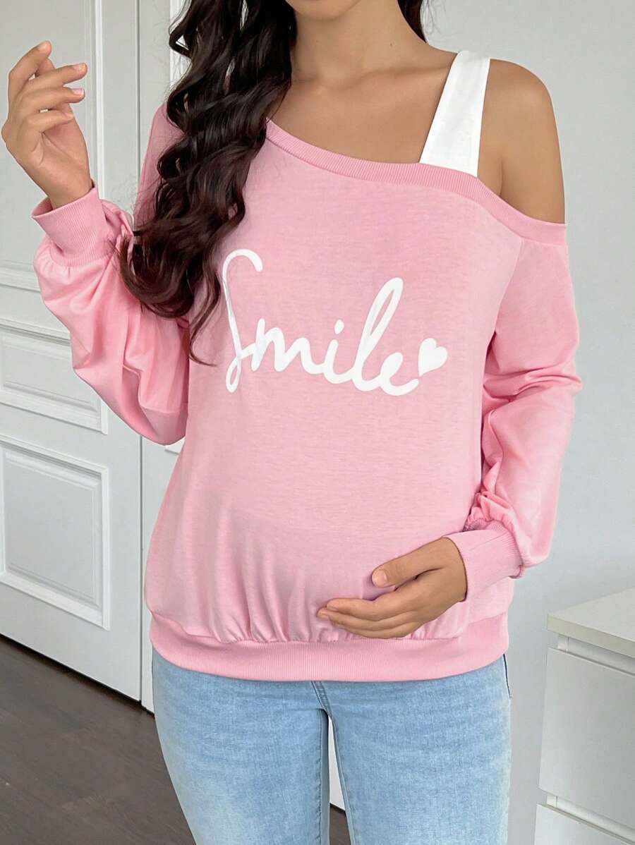 SHEIN Maternity Letter Print Asymmetric Neck Long Sleeve Sweatshirt, For Winter
