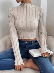 SHEIN Unity Casual High Neck Slim Fit Knitted Women's Sweater, Fall Winter - Khaki - View 3