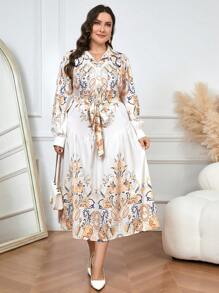 Mulvari Plus Size Long Sleeve Waist Tie Casual Loose Floral Print Dress