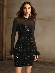 Anewsta 女士优雅天鹅绒亮片缀饰连衣裙，春秋季节节日派对服装 - 黑色 - 查看 7