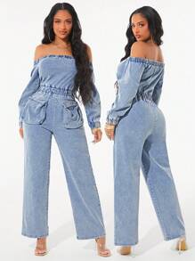 SHEIN SXY Mono vaquero casual con hombros descubiertos para mujer, primavera otoño