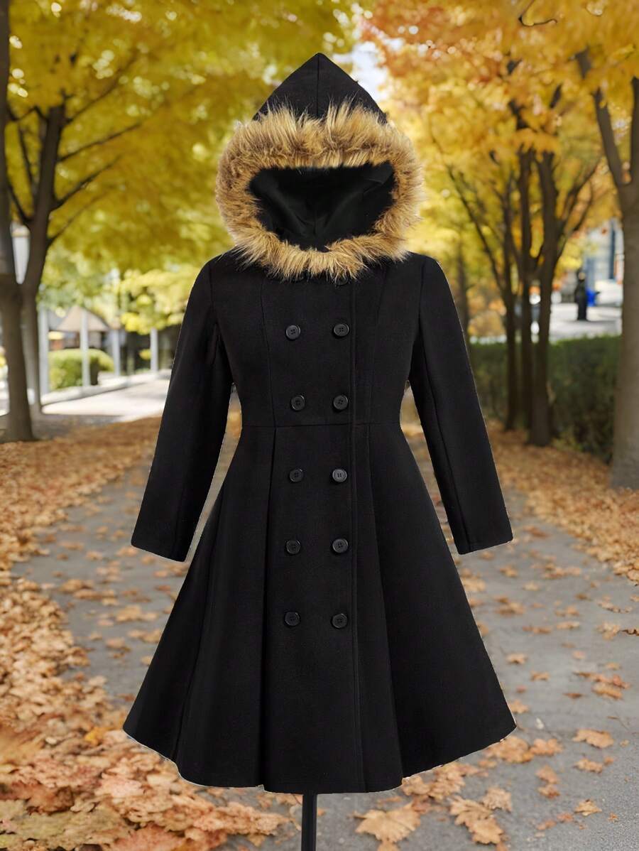 Flirla Plus Size Women's Fall & Winter Fluffy Collar Hooded Double-Breasted Knitted Coat