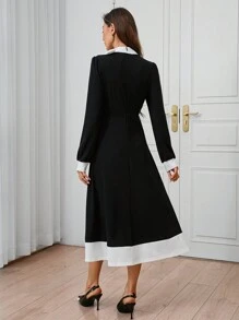 SHEIN Clasi Women's Urban Elegance Daytime Social Black&White Contrasting Collar Tie Waist A-Line Dress