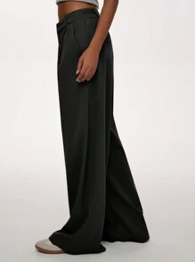 Forever 21 Women's Casual Loose Low-Waisted Solid Color Suit Pants - Black - View 5