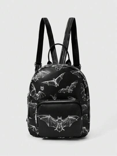 Goth Vintage Dark Gothic Bat Print Backpack, Halloween, Halloween Bags Perfect For Fancy Party Matching With Halloween Costumes