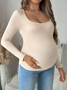 SHEIN 孕妇秋季简约纯色圆领褶皱修身长袖T恤 - 杏色 - 查看 4