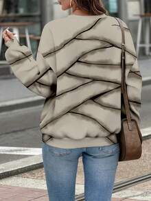 SHEIN LUNE 休闲简约骷髅万圣节图案宽松圆领长袖女式运动衫，秋冬季夏季 - 彩色 - 查看 2