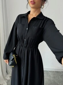 Selianne 女士春秋纯色长袖单排扣长款休闲衬衫裙长款女装 - 黑色 - 查看 3