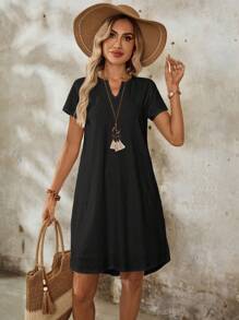 EMERY ROSE V-Neck Solid Color Textured Fabric Women's Casual Daily Outings Curved Hem Summer Dress