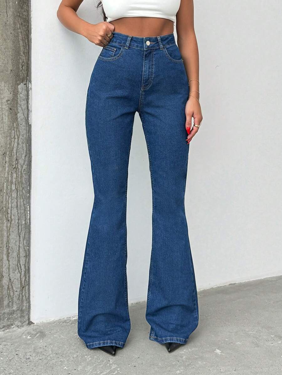 SHEIN Tall 98% CottonHIGH RISE FLARED LONG BLACK JEANS TALL - Medium Wash - View 1