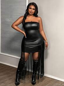 Slaydiva Plus Size Women's Black PU Bandeau Fringe Dress