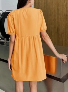 INAWLY Tie Front Puff Sleeve Smock Dress, Summer Women Dress - Orange - View 2