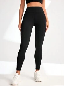 纯色网眼对比透视紧身运动紧身裤