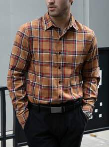 Manfinity Mode Chemise à manches longues pour hommes avec boutons et imprimé à carreaux, chemise à manches longues, vêtements d'automne pour hommes, chemise à carreaux, vêtements de Noël