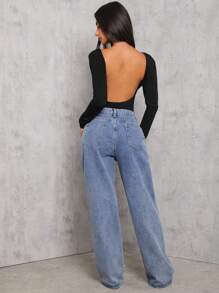 SHEIN PETITE Black High Elastic Knitted Tight Backless Long Sleeve Bodysuit - Black - View 4