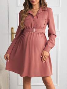SHEIN Maternity Pink Button Down Dress, Long Sleeve A-Line Tie-Waist Maternity Dress For Autumn - Pink - View 4