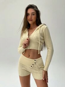 Aloruh Women's Cream White,Autumn,Casual,Elegant,Lounge 2pcs Knitted Sweater Suit Front Zipper Long Sleeve Hooded Cardigan & Shorts Fashionable Home Set - Yellow - View 7