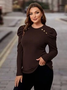 SHEIN Clasi Plus Size Solid Color Gigot Sleeve T-Shirt, Spring Autumn
