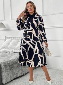 SHEIN Clasi Abito casual con stampa floreale casuale, scollo a V e cordoncino, adatto alle taglie forti, per primavera e autunno