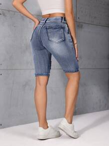 Breezaya Women's Casual Washed Distressed Skinny Denim Shorts - Dark Wash - View 2