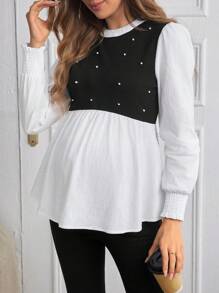 SHEIN Maternity Long Sleeve Shirt, Spring And Summer New Fashion Casual Contrast Color Patchwork Design - Black and White - View 4