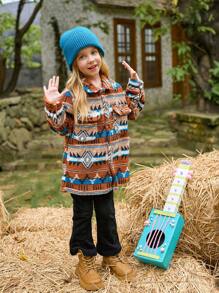 SHEIN Young Girl Retro Pattern Fleece Long Sleeve Cardigan Jacket With Pockets, Brown, Winter