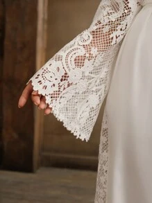 Anewsta Elegant Lace Patchwork Bell Sleeve Blouse, Spring & Autumn - White - View 8