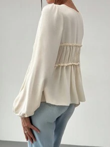 Aloruh Romantic Date V-Neck Tie-Up Ruched Flare Sleeve Loose Blouse For Women,Long Sleeve Tops