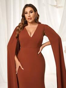 SHEIN Belle Plus Size Elegant Simple Caramel Stretch Fabric Deep V Neck Shawl Long Sleeve Fishtail Type Formal Dresses Bridesmaid Dresses