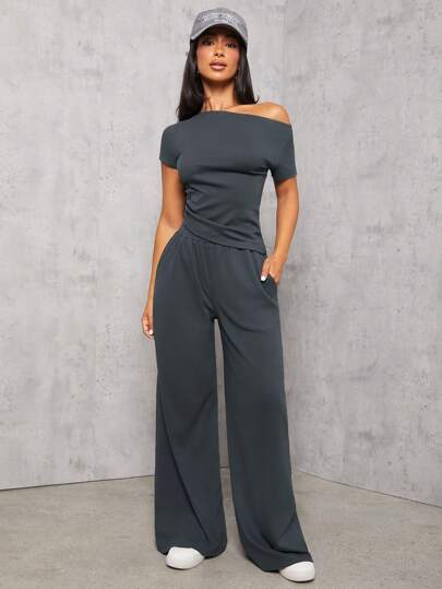 SHEIN PETITE Dark Gray Knitted Women's Slim Fit Suit