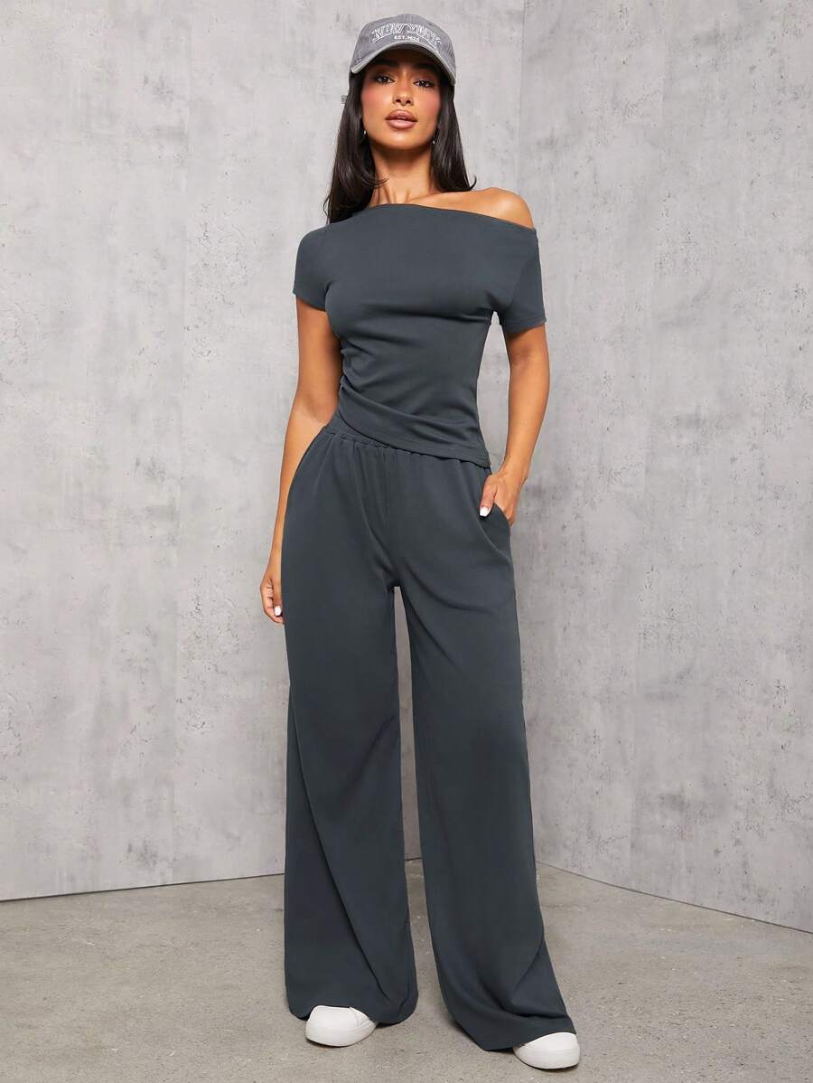 SHEIN PETITE Dark Gray Knitted Women's Slim Fit Suit - Grey - View 1