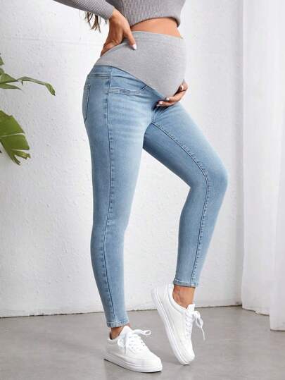 SHEIN Women's Light-Colored Casual Maternity Knit Patchwork Skinny Ankle Jeans, Regular Fit, All Season