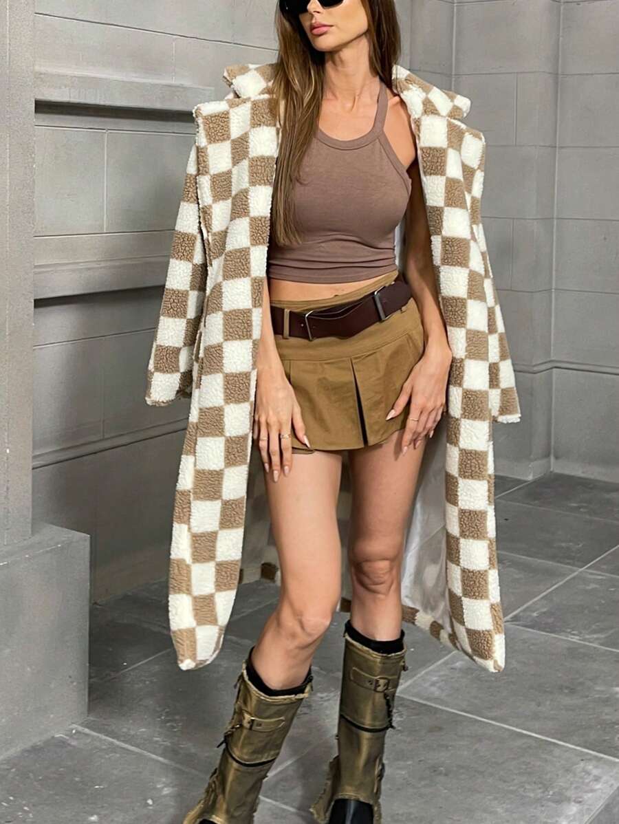 Aveloria 都市休闲时尚羊羔绒千鸟格印花翻领长袖中长口袋夹克